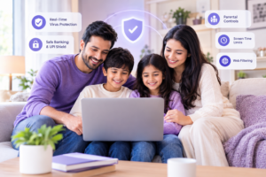 Family using parental control antivirus software for safe browsing and screen time