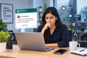 Employee facing a fake KYC phishing alert on a laptop, highlighting phishing attacks and data security risks for small businesses